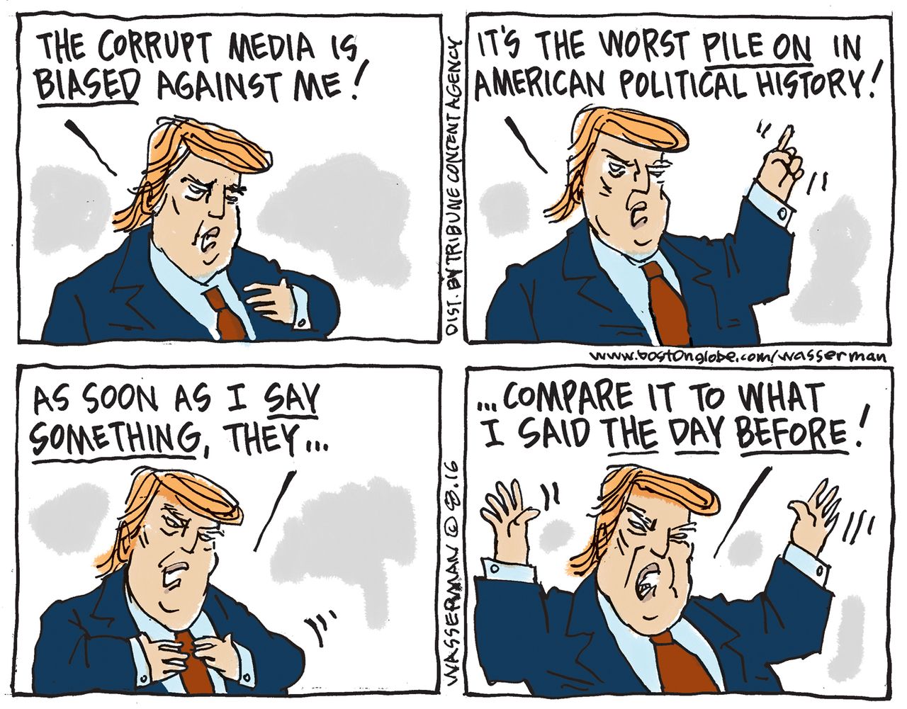 Political cartoon U.S. 2016 election Donald Trump media