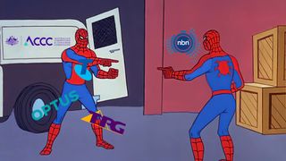 Two Spider-Mans point at each other