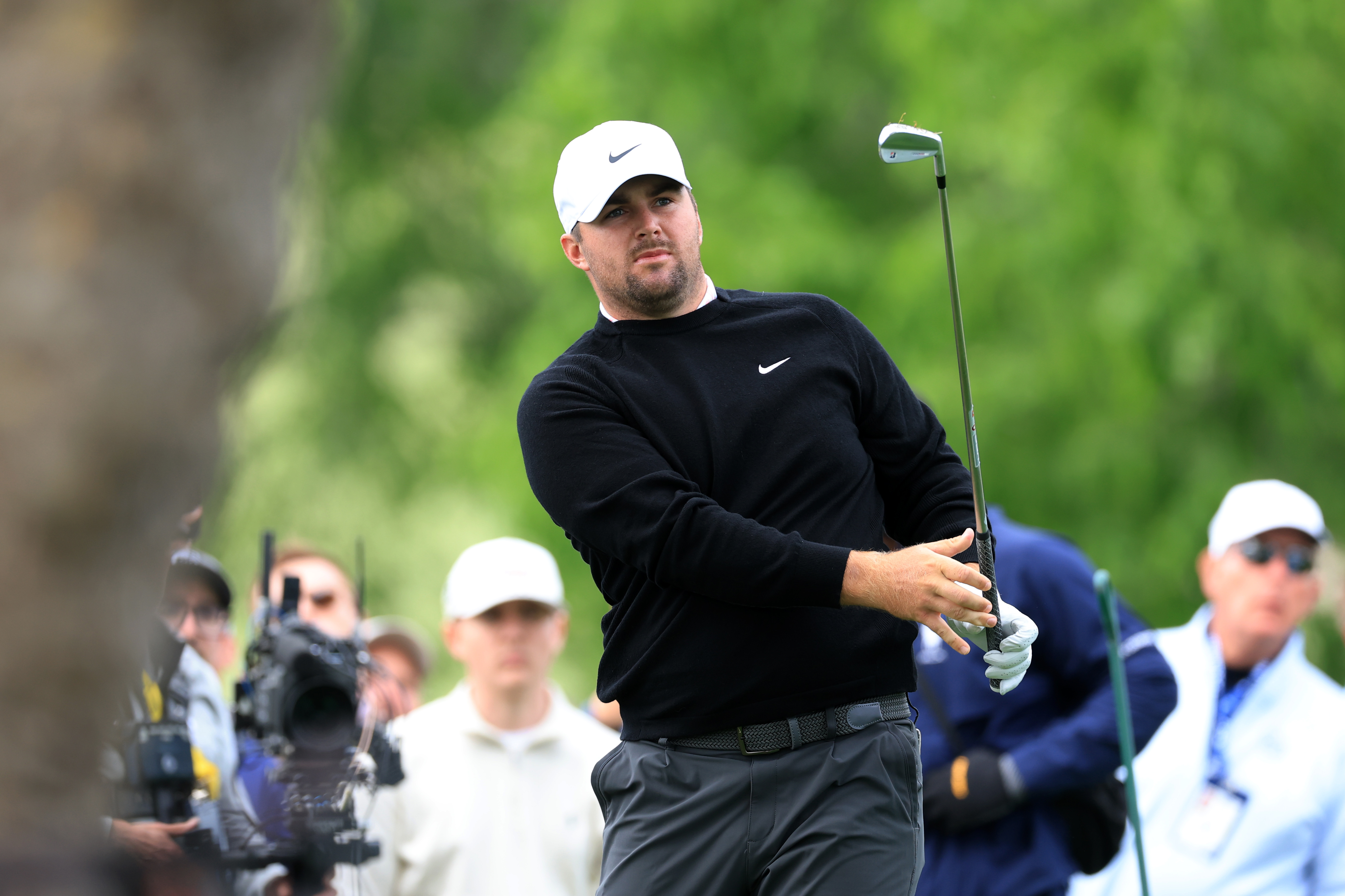 Chris Gotterup hits his second shot on the 10th hole during the first round of the PGA Championship at Aronimink Golf Club