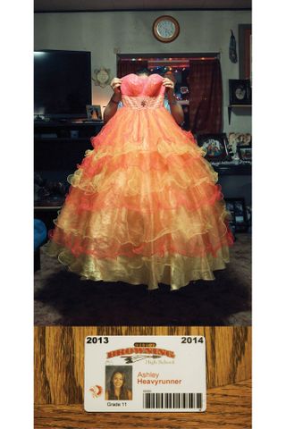 Dress, Clothing, Gown, Orange, Fashion, Peach, Formal wear, Costume design, Cocktail dress, Haute couture,