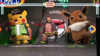 Pikachu and Eevee mascots cheer a wrestler on the way to the ring for Pokemon Legends Z-A's crossover with Mexican wrestling promotion CMLL