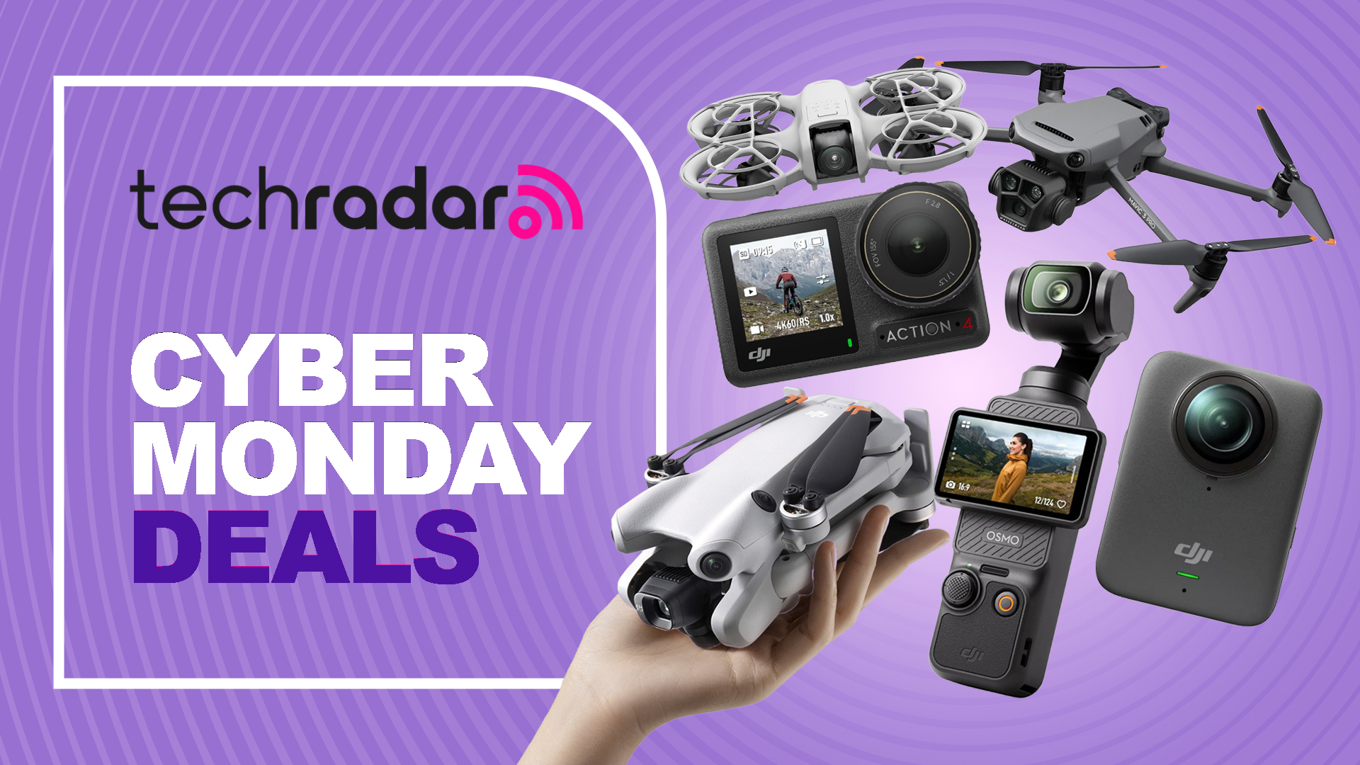 A group of DJI drones and action cams on a purple background with cyber monday deals text overlay