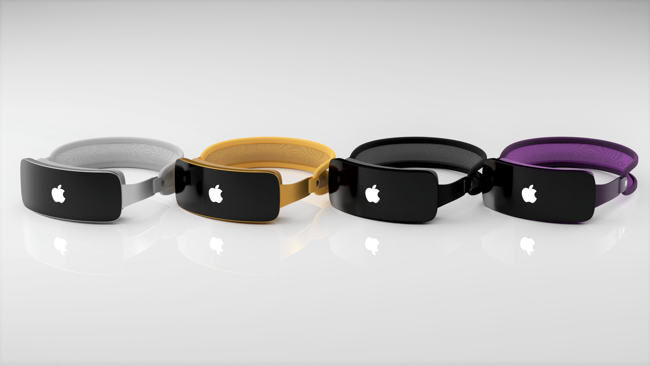 A mock-up of the soon-to-be-released Apple Reality AR/VR headset, in four colours, on a white background