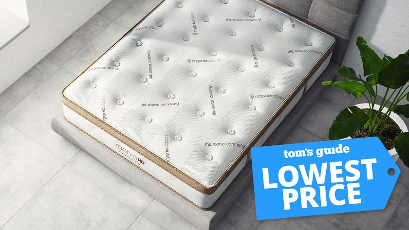 A photo of the Saatva HD mattress from above, with a large plant in a pot next to it and a Tom&#039;s Guide badge saying &quot;LOWEST PRICE&quot;