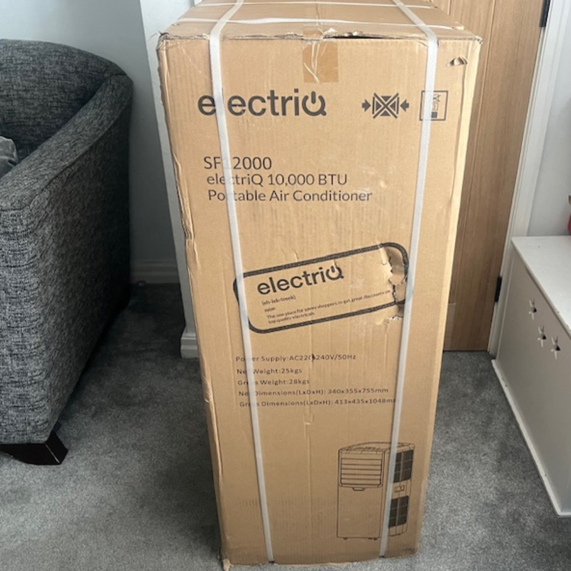 ElectriQ air conditioning unit packaged in box
