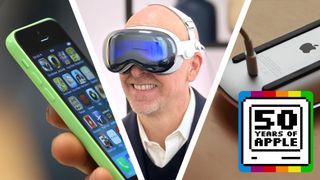 A hand holding an iPhone 5C next to a man wearing the Apple Vision Pro next to a Magic Mouse on a table being charged from the underside