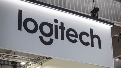 Logitech logo pictured on a sign at the company's vendor booth at ISE 2025 in Barcelona, Spain.