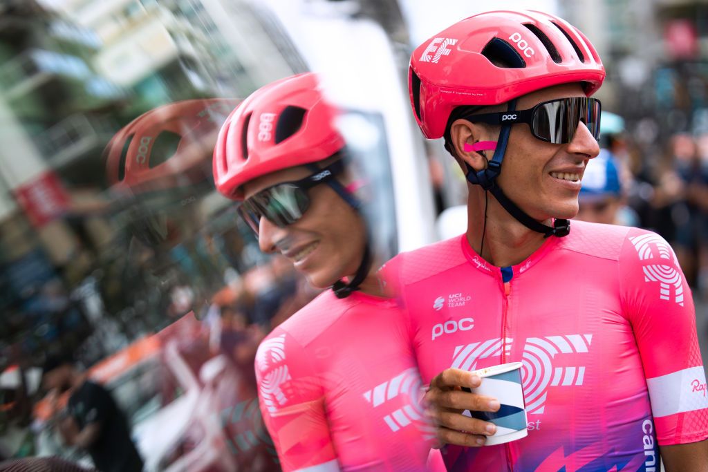 EF Pro Cycling’s Lachlan Morton enjoys a morning coffee ahead of the start of stage 5 at the 2020 Tour Down Under