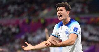 Tottenham Hotspur target Harry Maguire of England reacts during the FIFA World Cup Qatar 2022 Group B match between Wales and England at Ahmad Bin Ali Stadium on November 29, 2022 in Doha, Qatar.