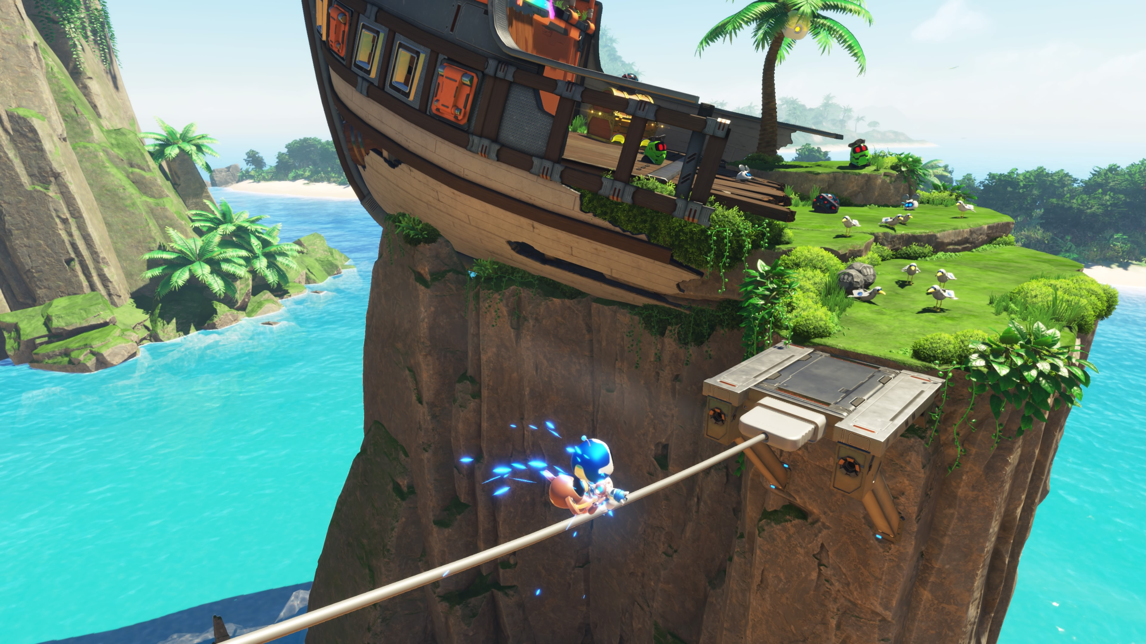 A screenshot of Astro on a tightrope in the game Astro Bot