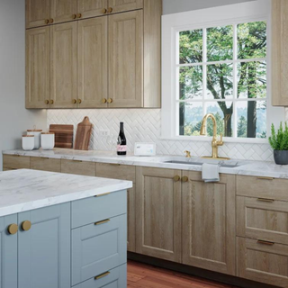 A kitchen with wooden cabinets