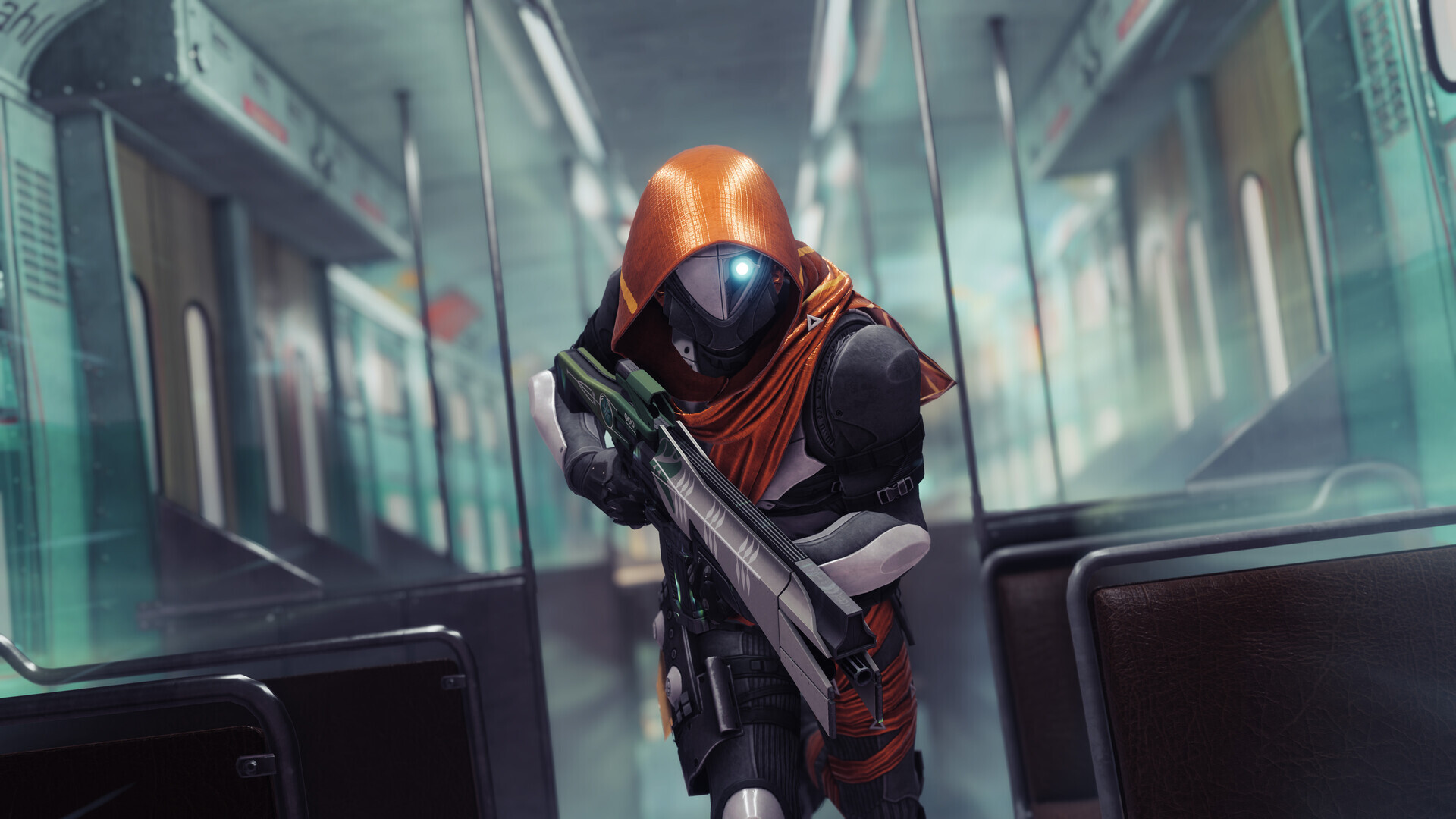 Destiny 2 Armour 3.0: A Hunter running through a train carriage with a rifle at the ready.