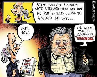Political cartoon U.S. Fire and Fury Michael Wolff Bannon anti-Trump liberals