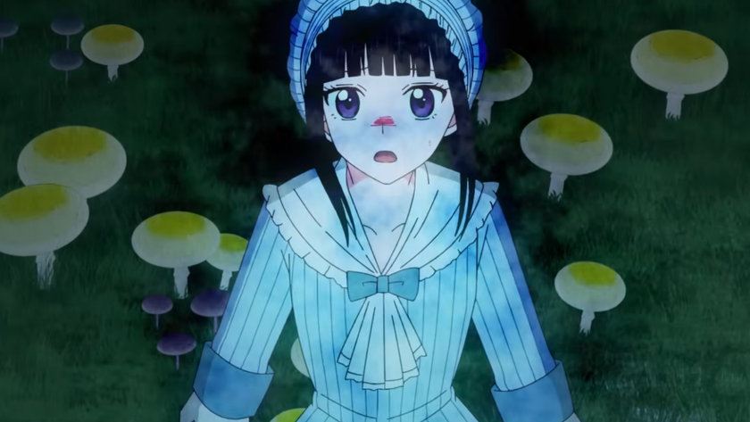 Luna looks shocked while standing in front of yellow mushrooms