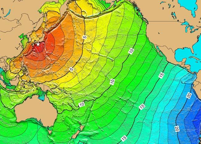 A map of estimated tsunami travel times.