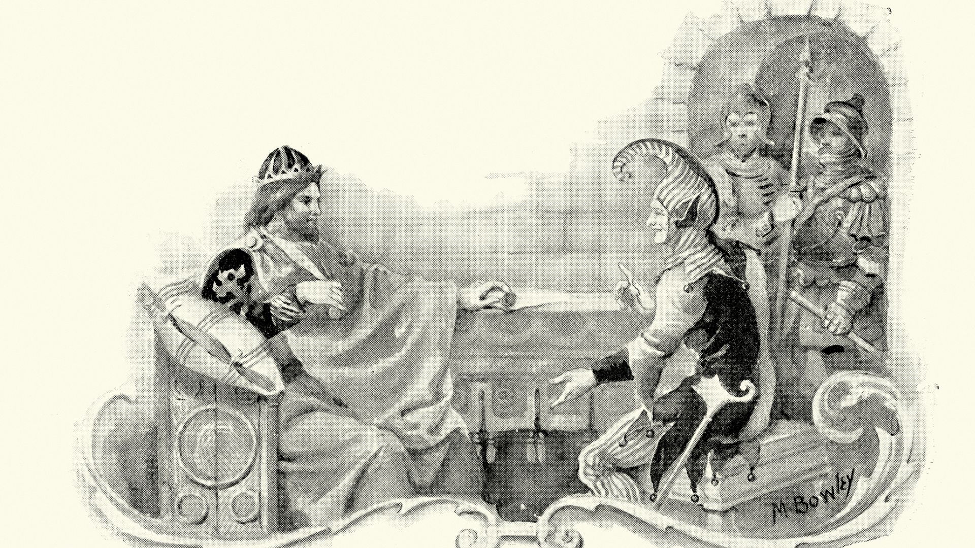 A drawing of a court jester with King Edward