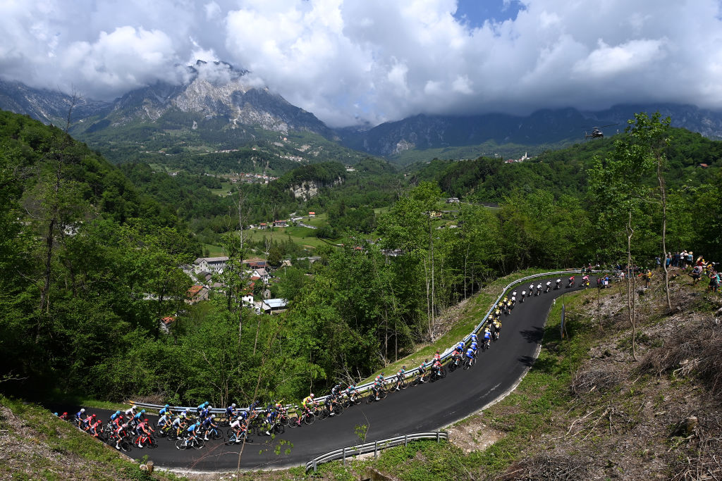 VAL DI ZOLDO PALAFAVERA ITALY MAY 25 A general view of the peloton climbing to the Pieve dAlpago 691m during the 106th Giro dItalia 2023 Stage 18 a 161km stage from Oderzo to Val di Zoldo Palafavera 1514m UCIWT on May 25 2023 in Val di Zoldo Palafavera Italy Photo by Tim de WaeleGetty Images