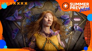 God of War Laufey protagonist Laufey lying on a stone altar surrounded by butterflies, shown during the June State of Play which is recapped in this article
