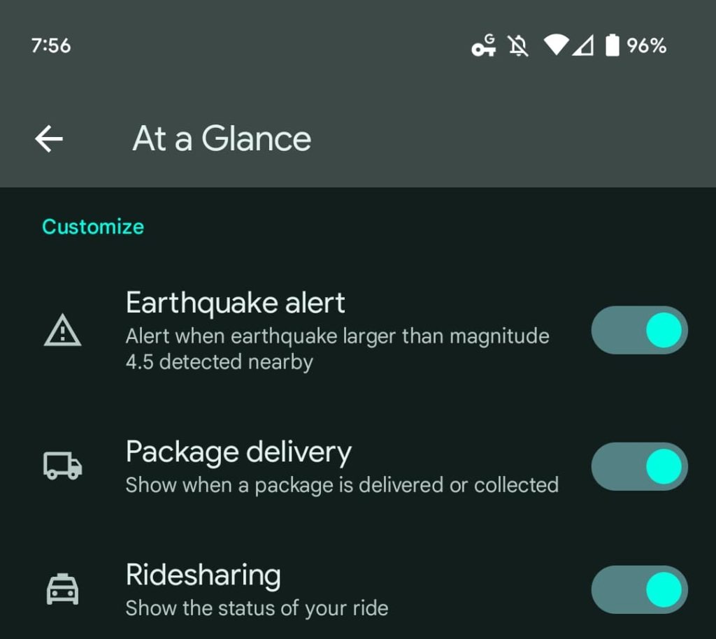 Pixel At a Glance rideshare toggle