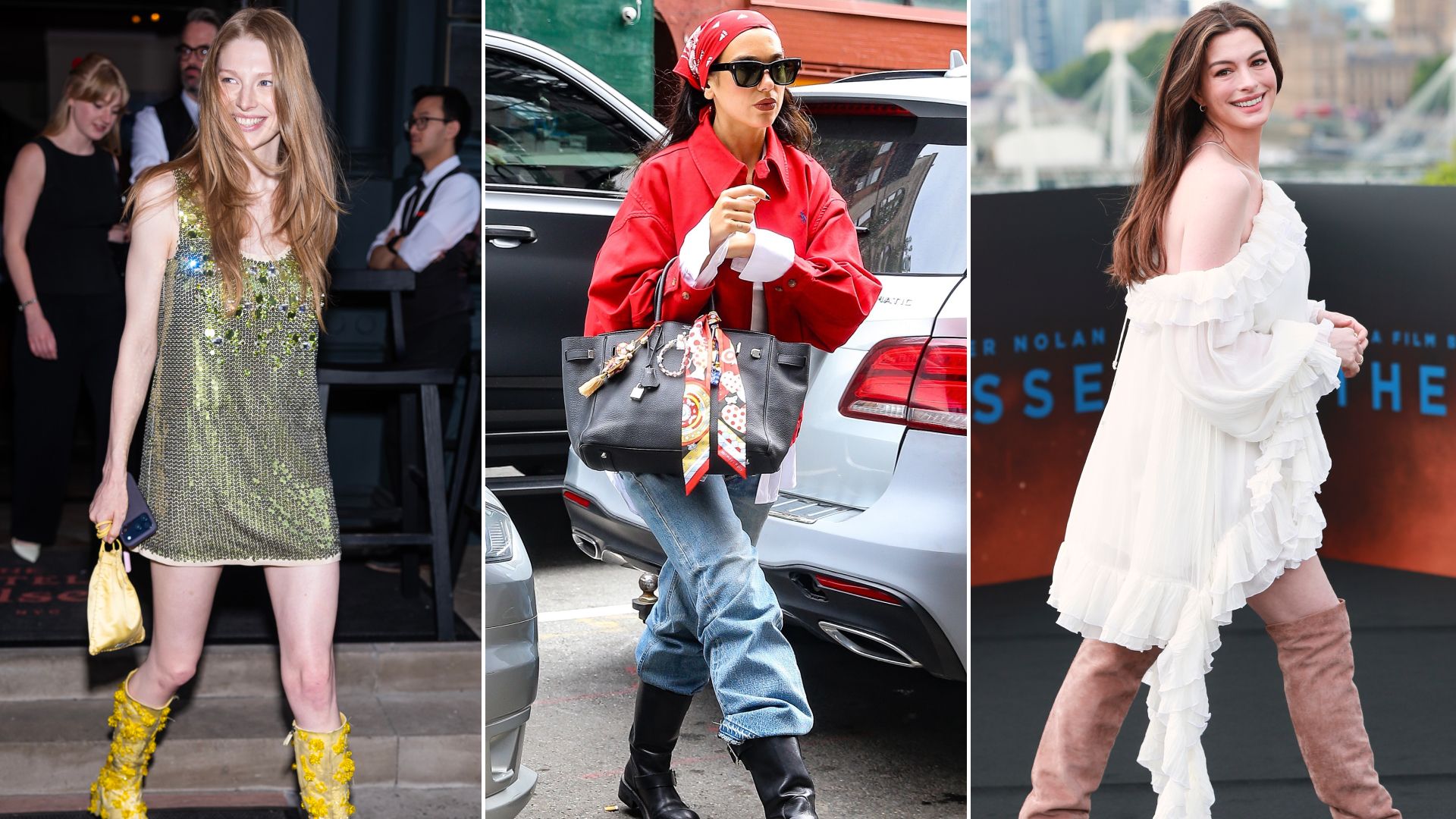 collage of celebrities wearing summer-to-fall transition boots 2026