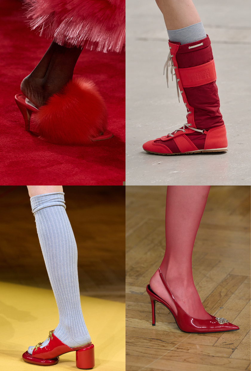 Image show one of the autumn shoe colour trends 2026. The image is full of red shoes.