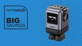 UGreen Uno Charger 100W on blue background next to the words 'TechRadar: big savings'