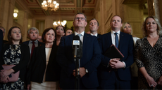 Jeffrey Donaldson and the DUP speak to reporters in Stormont