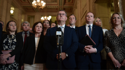 Jeffrey Donaldson and the DUP speak to reporters in Stormont