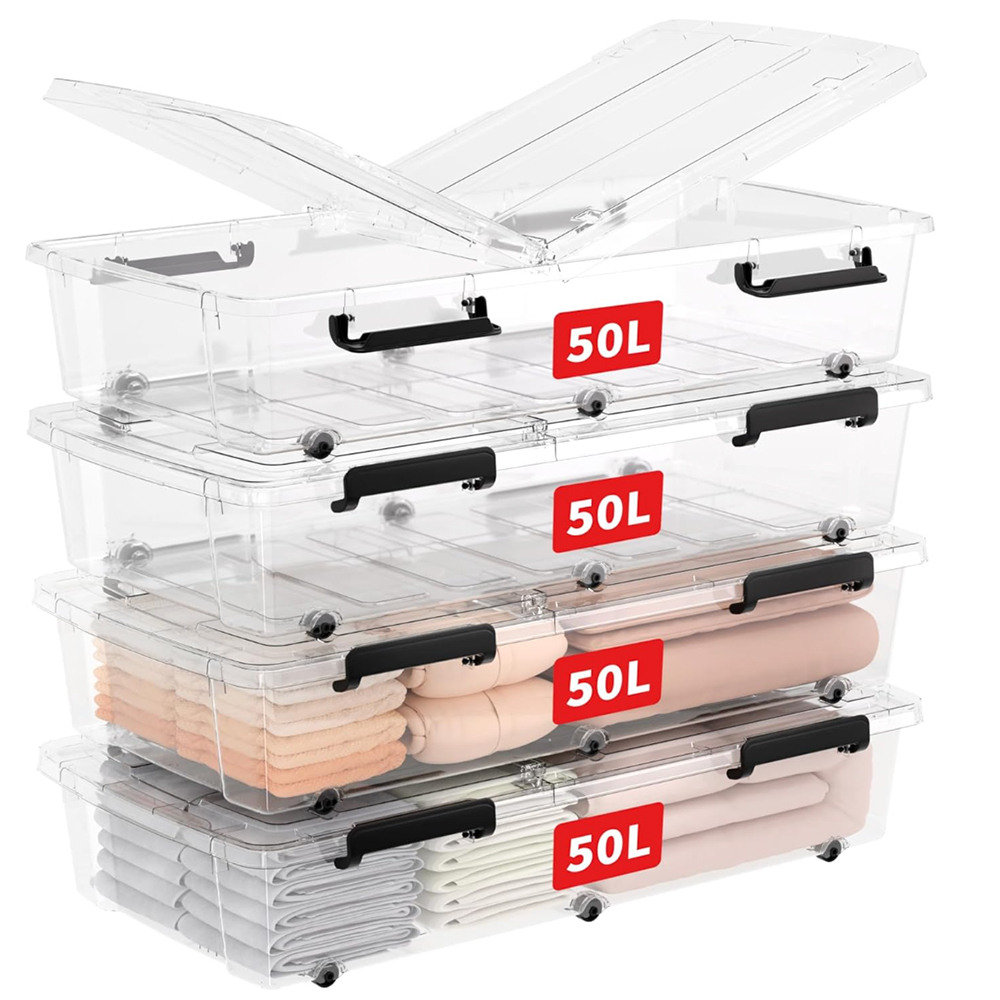 Clear plastic storage boxes with wheels to go under the bed