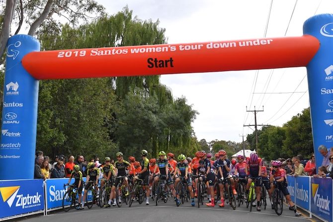 The riders ready for the start of stage 1 of the 2019 Women's Tour Down Under in Hahndorf, South Australia