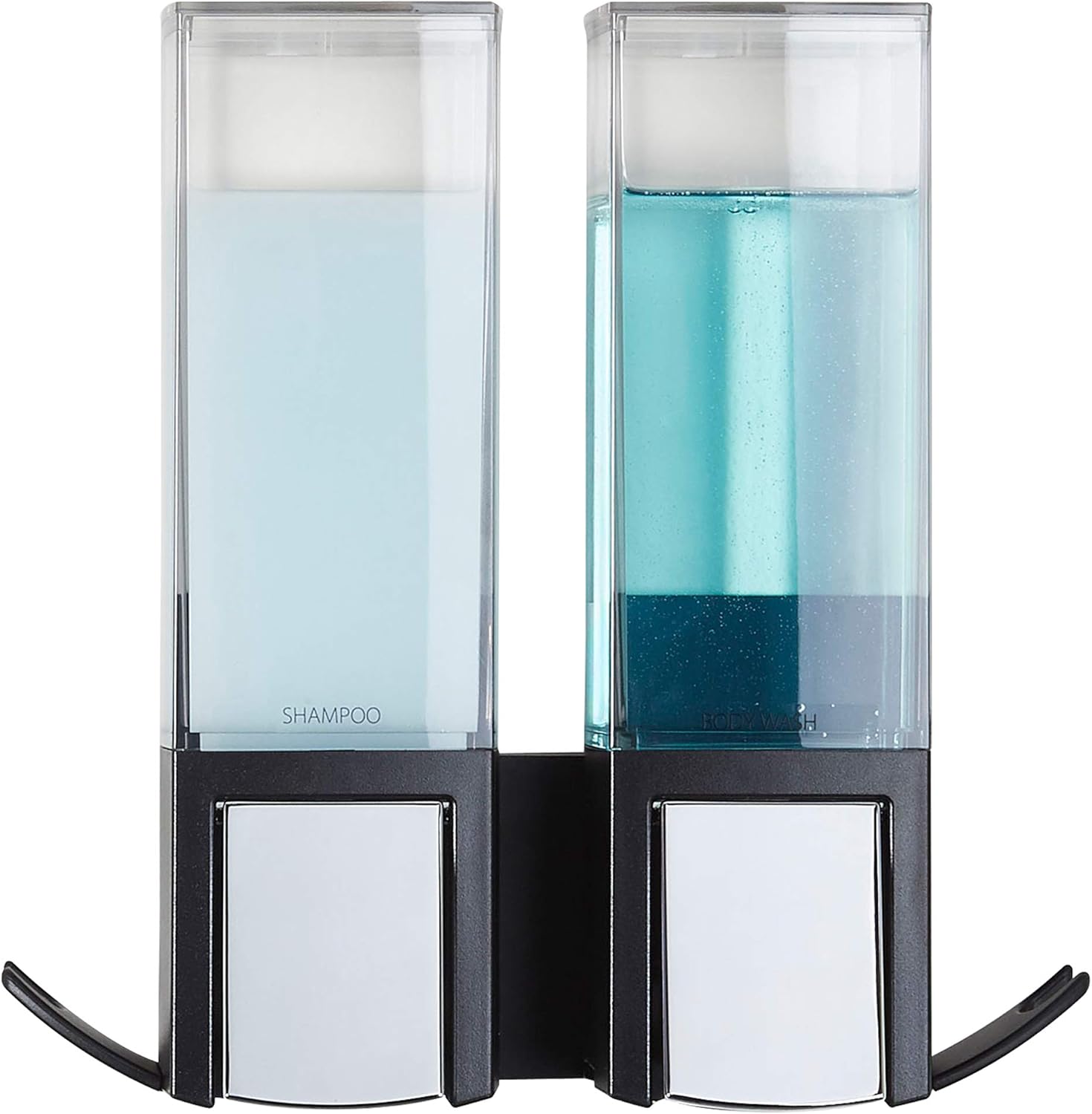 Better Living Clever Double Shower Dispenser 2 Chamber, Wall Mount Shower Soap Dispenser for Bathroom Hotel Body Wash, Storage Hooks, No Drill, Waterproof Shampoo Soap Dispenser, 2 X 17 Oz, Black