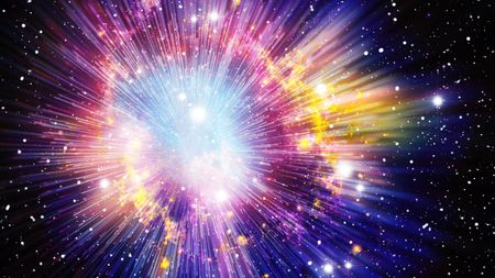 An artists interpretation of the Big Bang as a giant colorful cosmic explosion in space