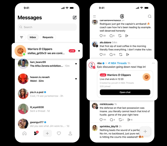 Meta's Threads features Live Chats starting for the NBA Playoffs and Finals, giving users a chance to interact with others in real-time, chat about the game, and share photos and videos.