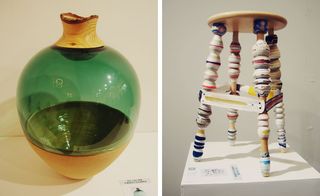 Green and gold vase on the left, and stool with layers of colours on it's legs on the right