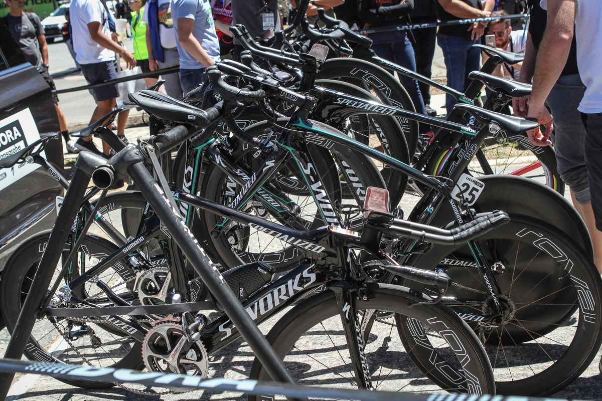 Some Bora-Hansgrohe riders completed the time trial on Specialized Tarmacs with clip-on aero handlebar extensions