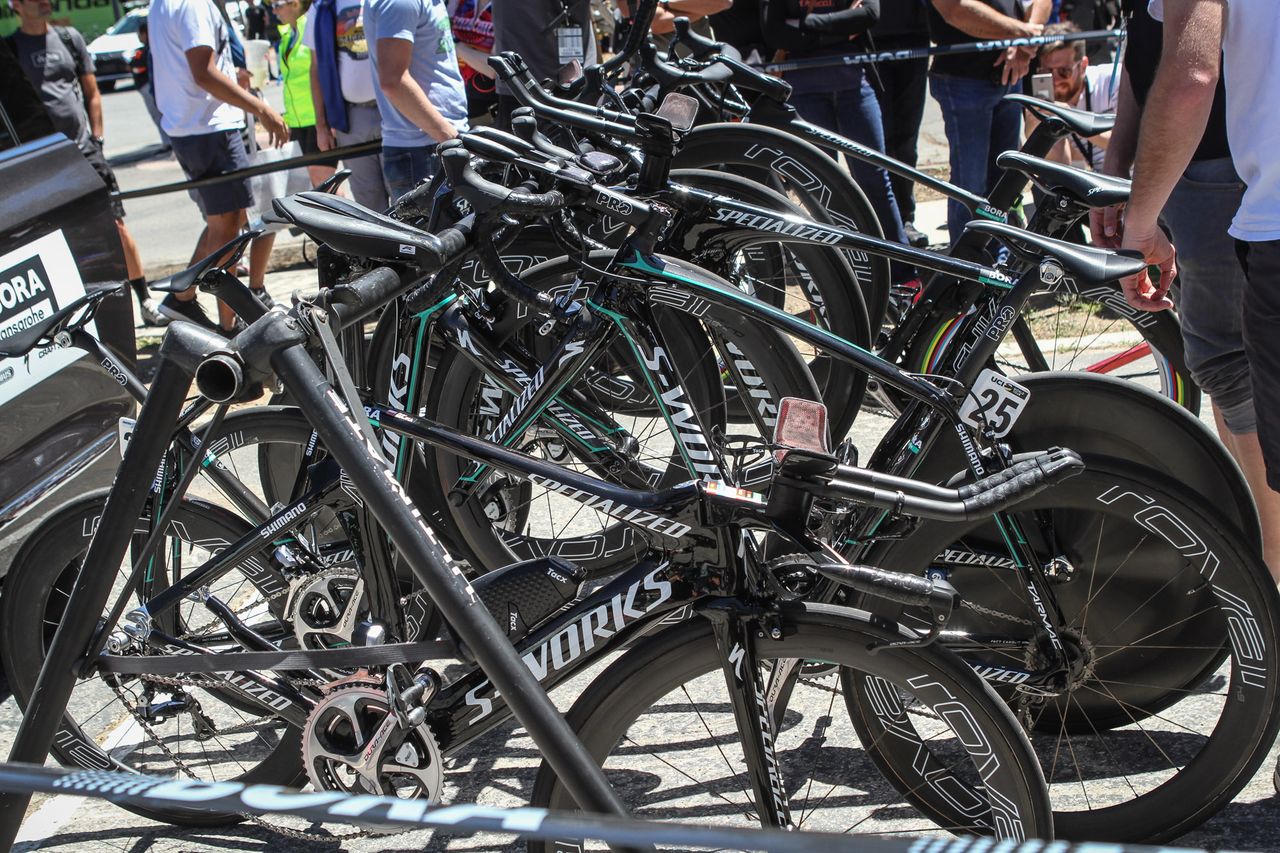 Some Bora-Hansgrohe riders completed the time trial on Specialized Tarmacs with clip-on aero handlebar extensions