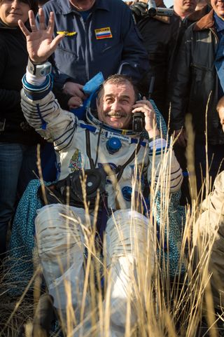 Pavel Vinogradov on Phone with Family After Soyuz Landing