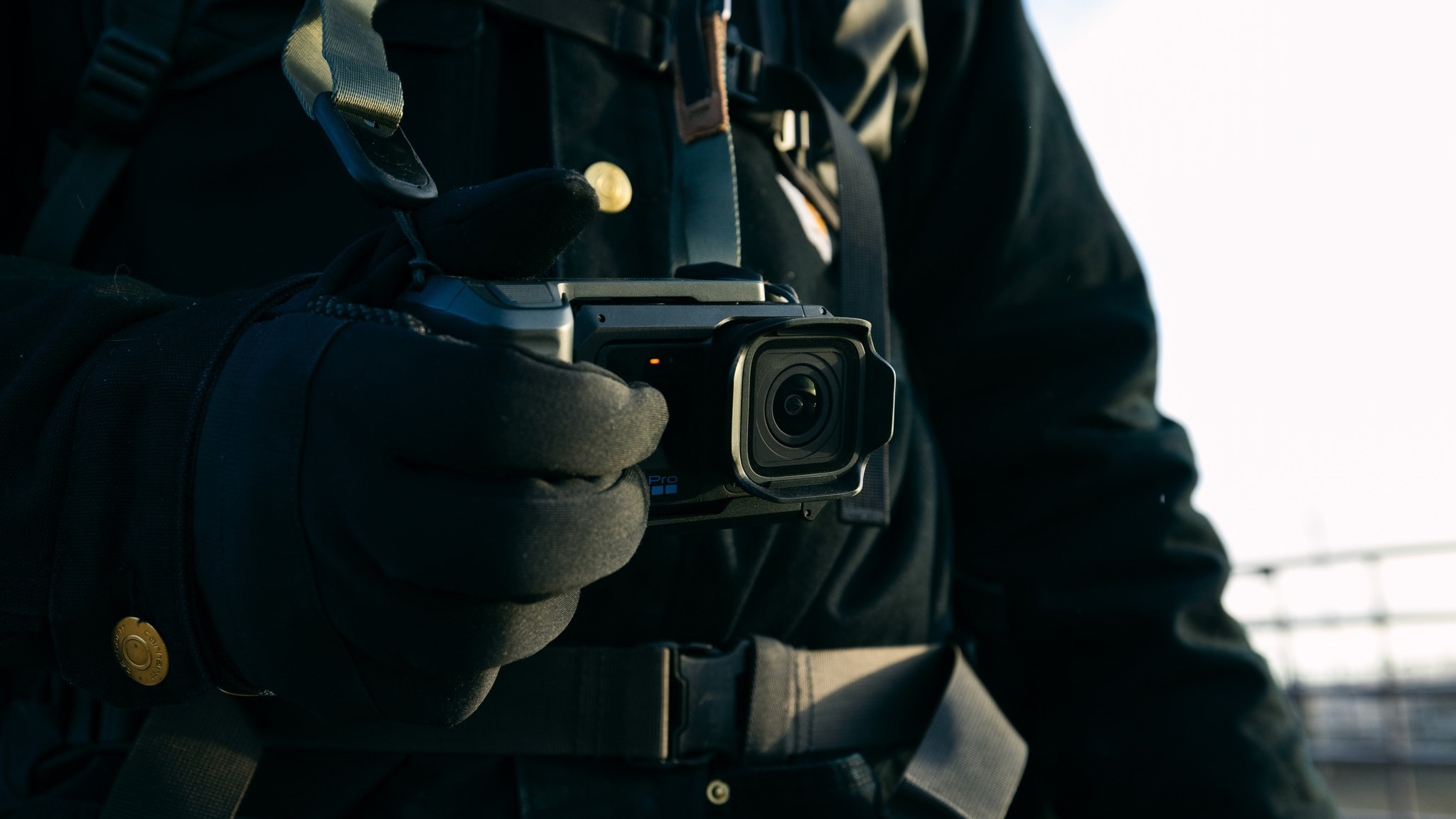 The GoPro Mission 1 Pro with the point-and-shoot grip accessory