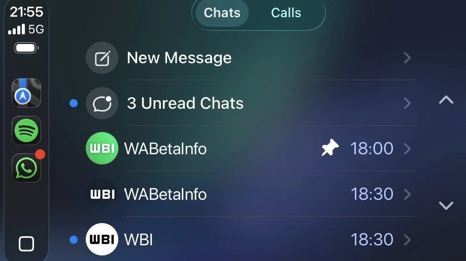 A screenshot of the WhatsApp CarPlay beta