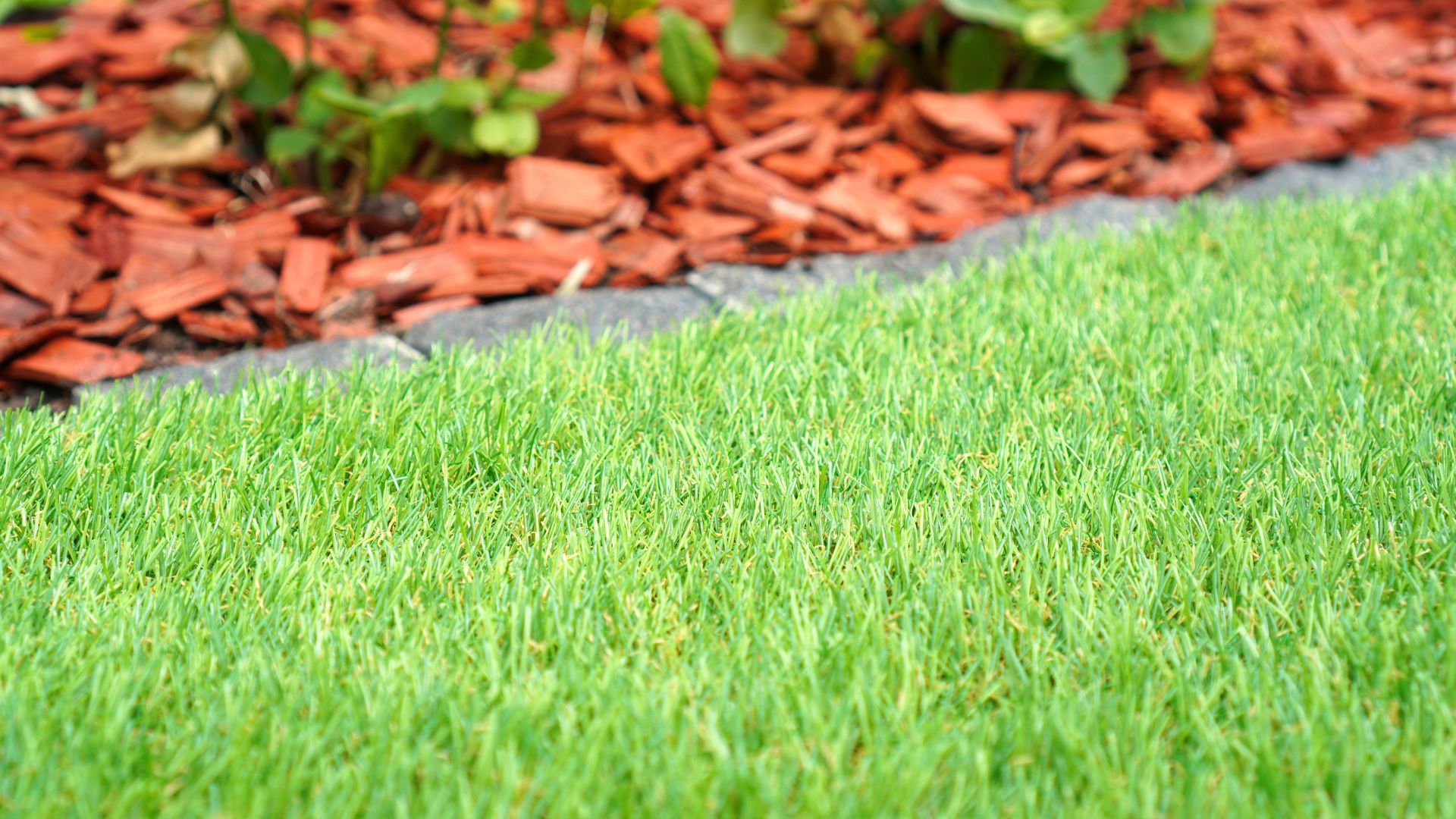 artificial grass with red mulch next to it