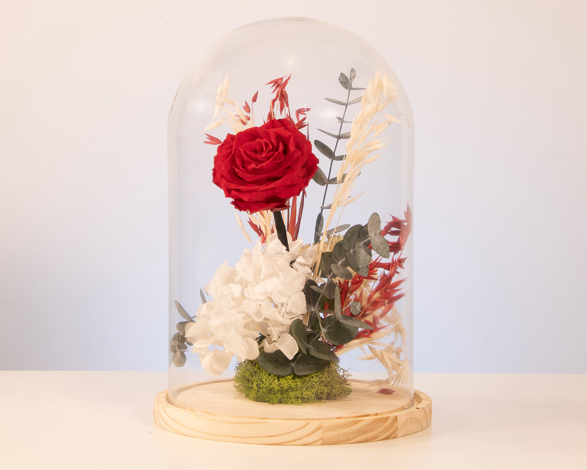 Floral cloche centerpiece with red rose