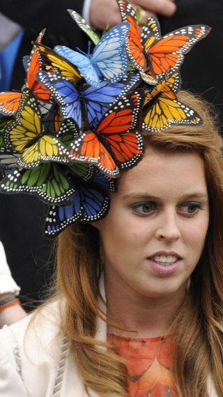 Princess Beatrice's butterfly fascinator at the wedding of Peter Phillips
