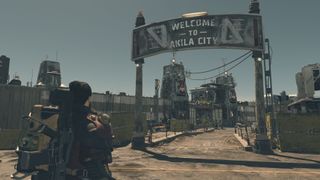 Starfield screenshot showing an entrance to Akila City, bordered by a tall sci-fi junkyard wall and checkpoint.