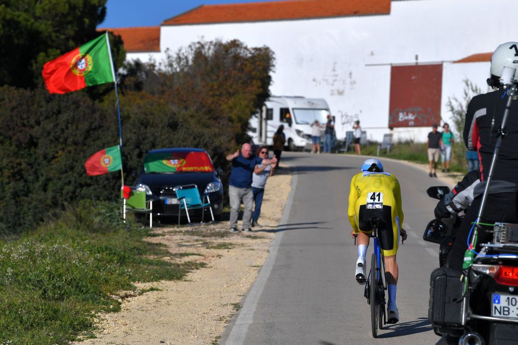 LAGOA PORTUGAL FEBRUARY 23 Remco Evenepoel of Belgium and Team Deceuninck Quick Step Yellow Leader Jersey during the 46th Volta ao Algarve 2020 Stage 5 a 203km Individual Time Trial stage from Lagoa to Lagoa ITT VAlgarve2020 on February 23 2020 in Lagoa Portugal Photo by Tim de WaeleGetty Images