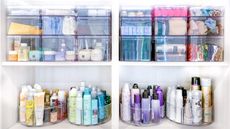A large selection of bathroom products organized in clear acrylic holders and rotatable turntables