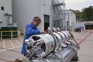 The Terrier-Improved Malemute sounding rocket to launch June 13 undergoes tests ahead of launch. Its canister-deploying doors are seen open here.