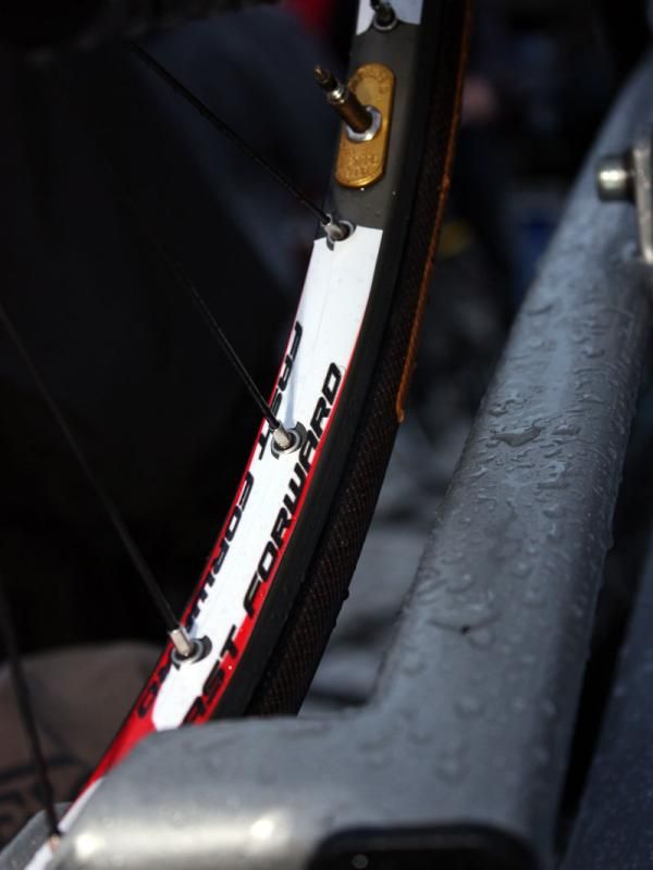 Quick Step is officially sponsored by Dutch wheel company FFWD but as they don't make a shallow-section aluminum tubular rim, the team uses Ambrosio Nemesis rims instead.