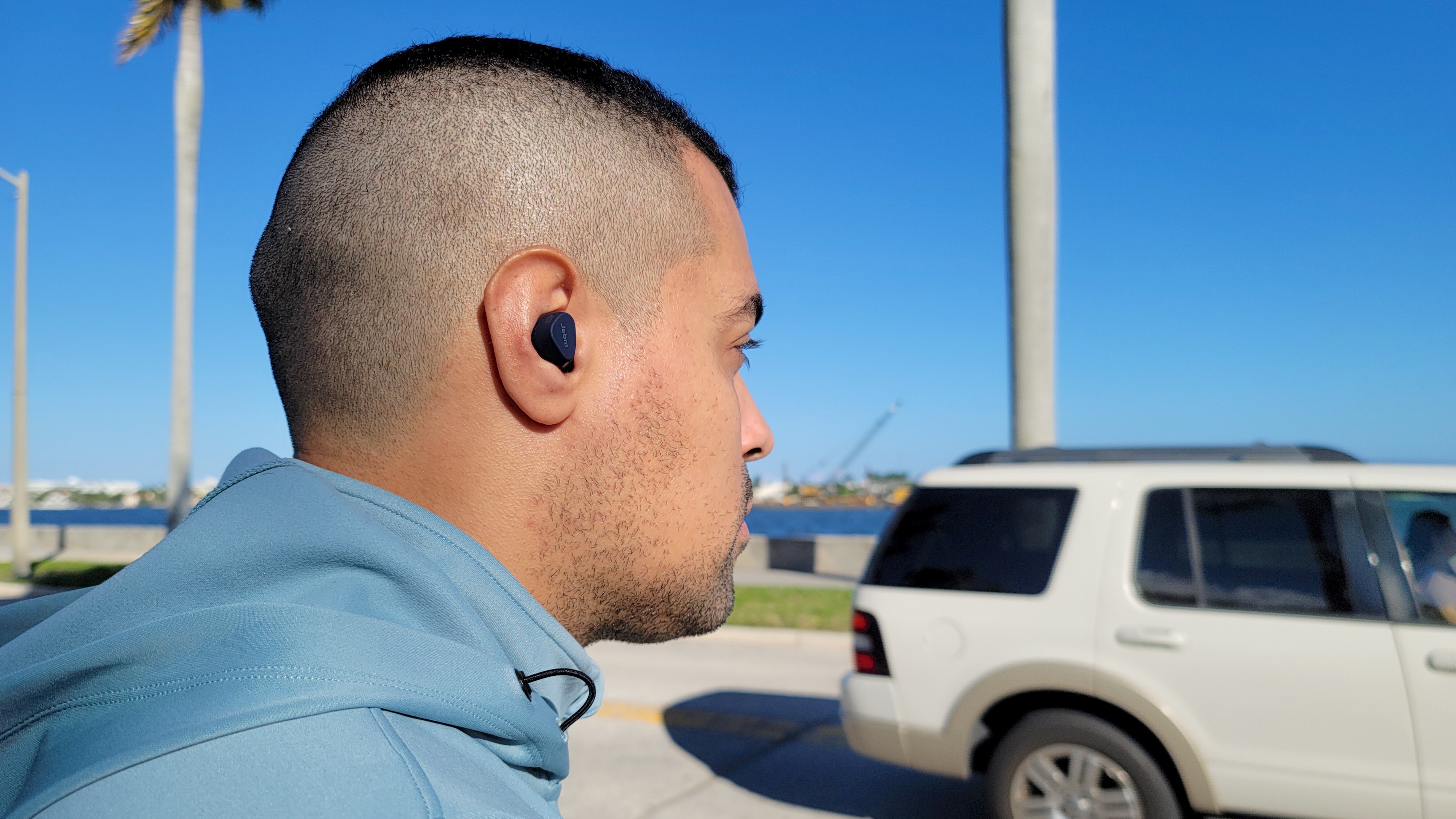 The Jabra Elite 4 Active's noise cancellation being tested outside