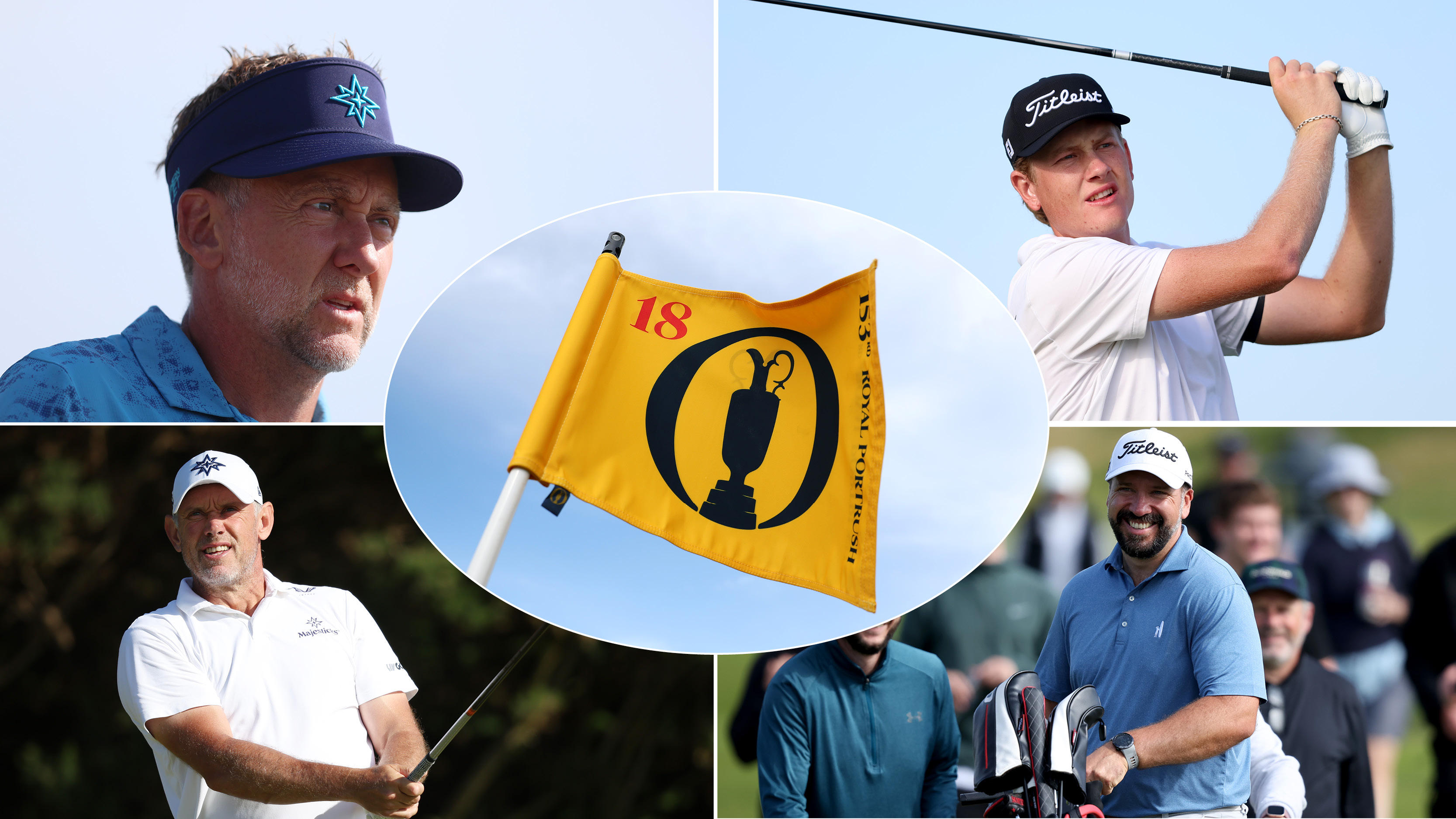 An Open flag and Ian Poulter, Luke Poulter, Lee Westwood and Peter Finch