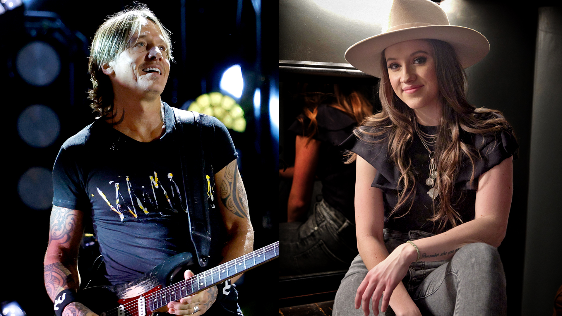 LEFT: Keith Urban performs on the main stage during CMA Fest 2025 at Nissan Stadium on June 06, 2025 in Nashville, Tennessee. RIGHT: NASHVILLE, TENNESSEE - FEBRUARY 02: Singer &amp; songwriter Maggie Baugh is seen backstage at 3rd &amp; Lindsley on February 02, 2022 in Nashville, Tennessee. 